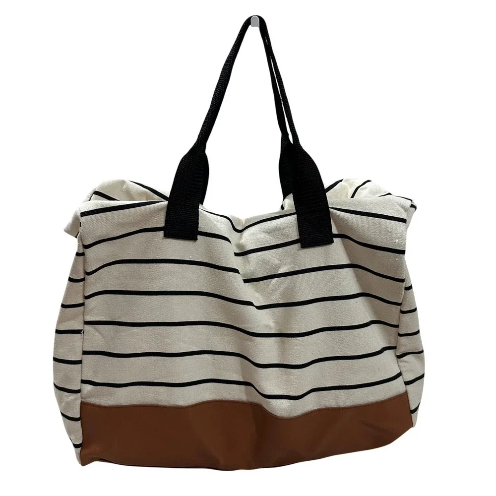 TOMS DSW Striped Canvas Tote Bag Cream Black Brown Vegan Leather Weekender Large